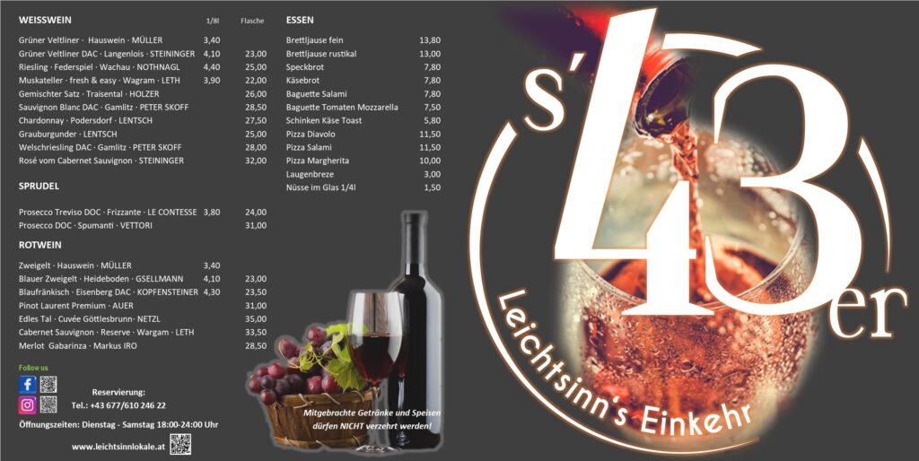 Speisekarte von s'43er Leichtsinn's Einkehr mit Weinen und Speisen