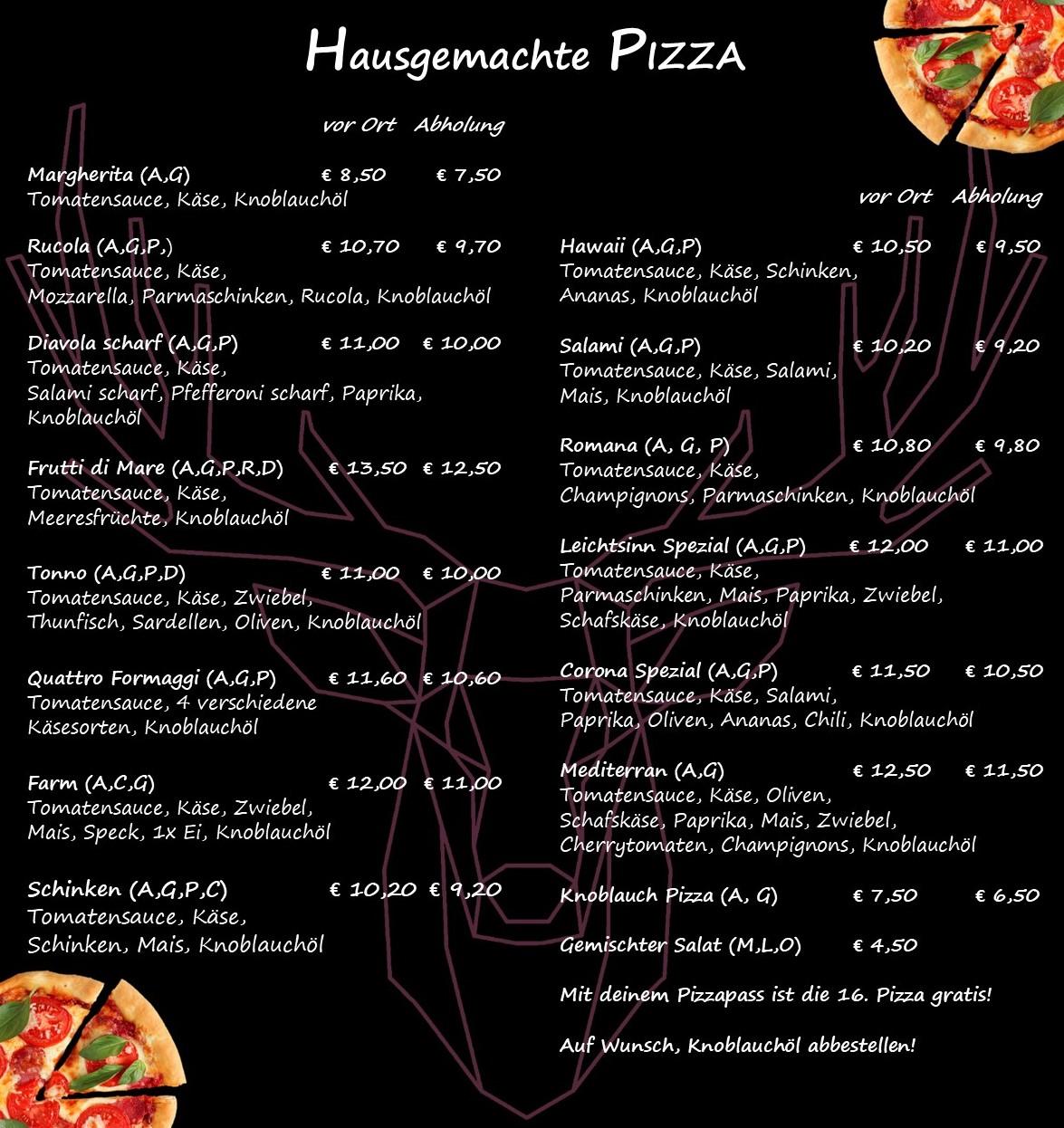 Speisekarte mit hausgemachten Pizzas und Preisen